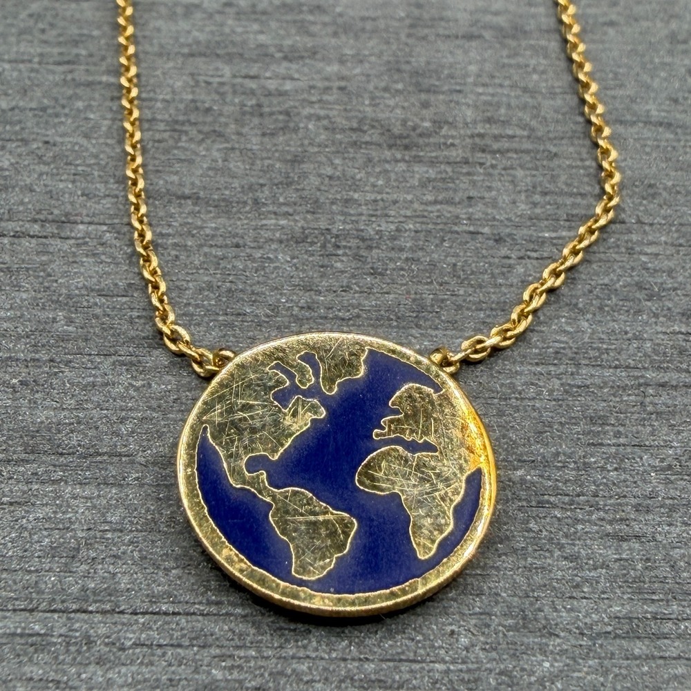 Gold Tone Blue Enamel Earth Globe Necklace Celestial Travel Minimalist Gift